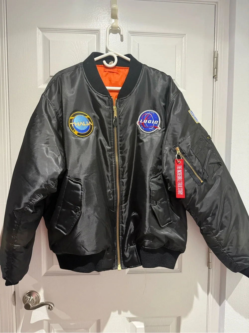 Black Bomber Jacket with Orange Lining - Pilot Style
